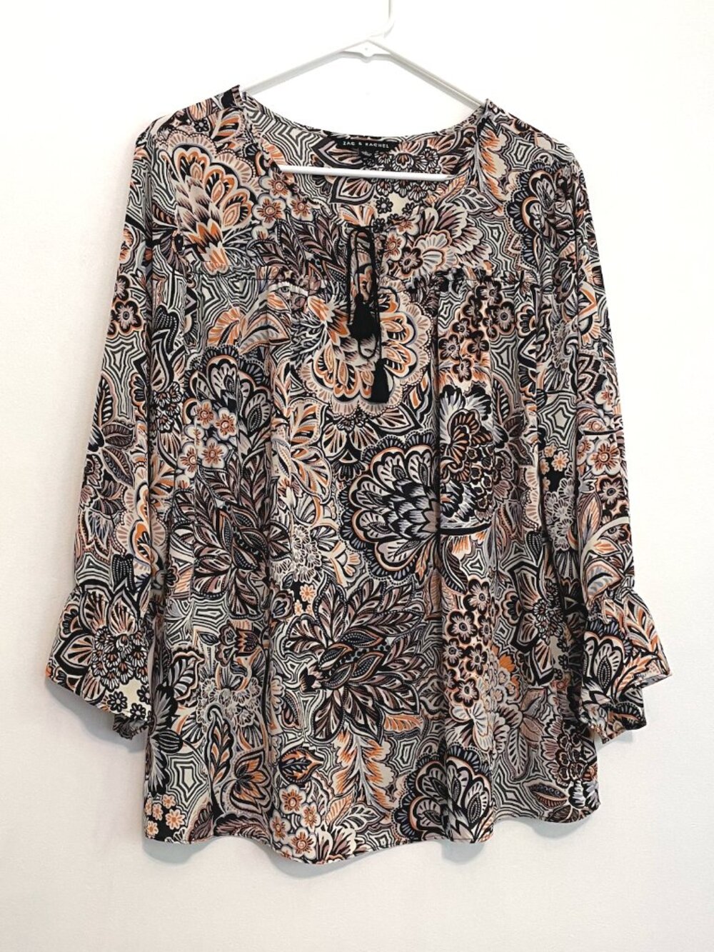 ZAC RACHEL Cream Ivory Black Orange Floral Tassel 3/4 Bell Sleeve Peasant Blouse